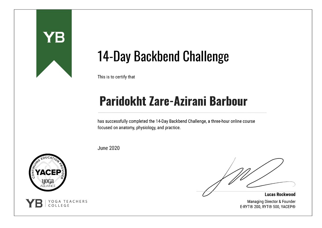 Certificate June 2020 - 14-day Backbend Challenge